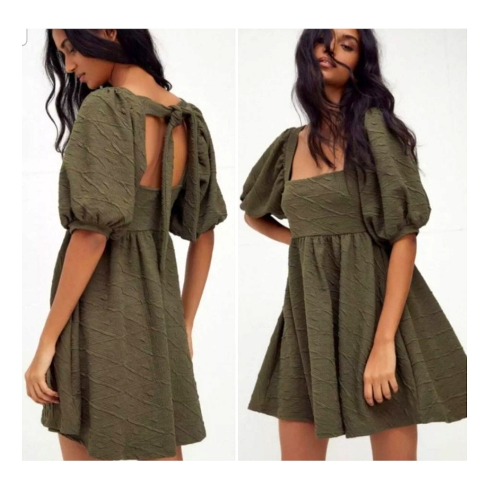 Free People Violet Mini Dress Large Olive Green Puff Sleeve Square Neck FLAW